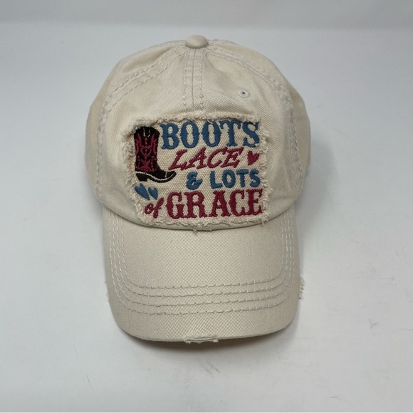 Beige Boots Lace and Lots of Grace Distressed Cowgirl Western Rodeo Baseball Cap - Picture 1 of 7